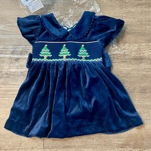 NWT Lil Cactus Navy Blue Velour Christmas Tree Smocked Dress